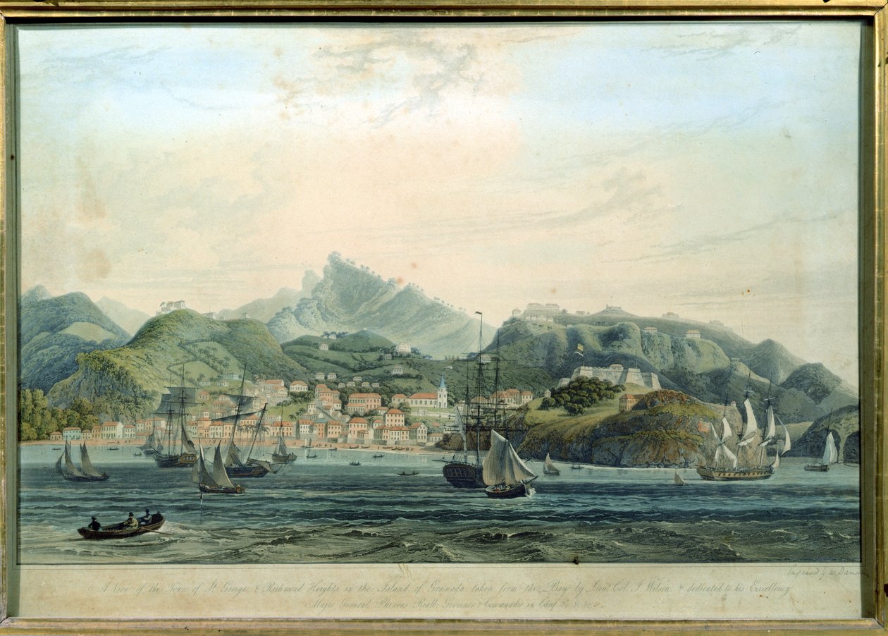 En vy över staden St. George och Richmond Heights på ön Grenada, graverad av William Daniell 1769-1837, gravyr c.1810 av Lieutenant Colonel J. Wilson