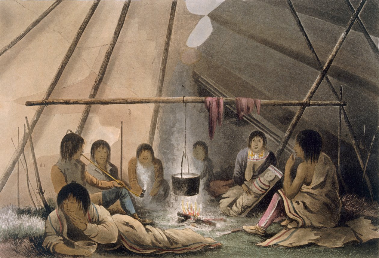 Interiör av ett Cree indiskt tält, 1824 av Lieutenant Hood