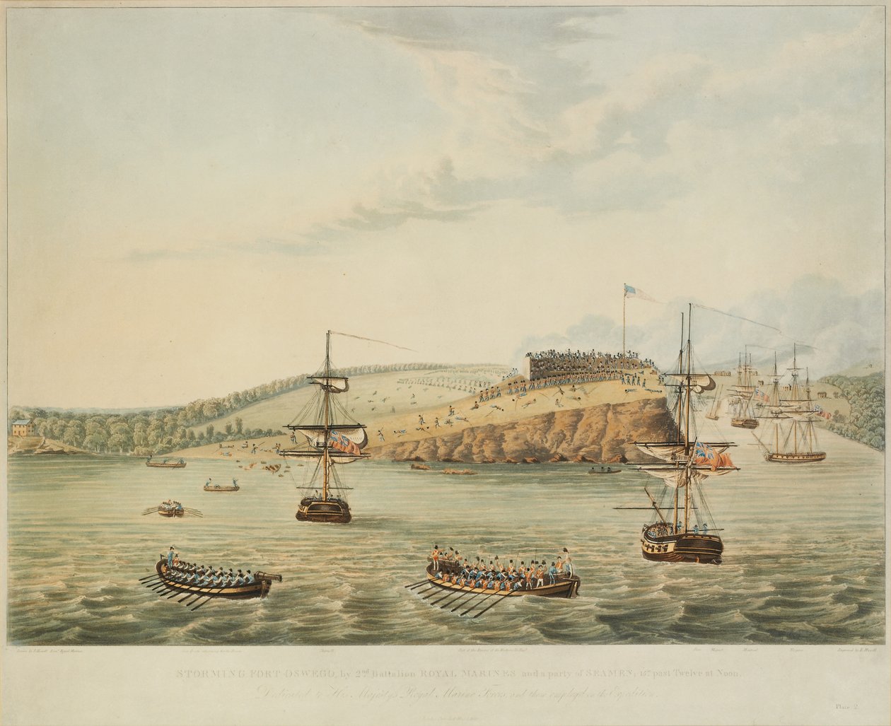 Attack på Fort Oswego, Lake Ontario, Nordamerika. 6 maj 1814, middagstid, och stormande Fort Oswego av andra bataljonen Royal Marines och en grupp sjömän, 15 m över tolv vid middagstid, graverad av R. Havell, 1815 av Lieutenant J. Hewitt
