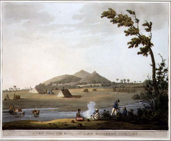 En sikt från Royal Artillery Encampment, Conditore, skylt 37 från "Picturesque Scenery in the Kingdom of Mysore", graverad av Harraden, pub. av Edward Orme (1774-c.1820) 1804 (akvatint) av Lieutenant James (after) Hunter