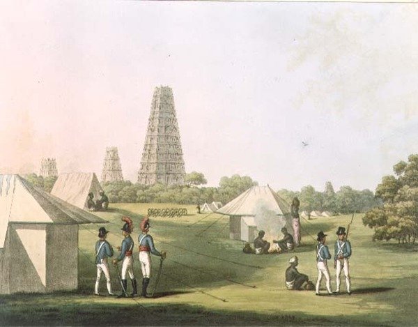 En sikt från det kungliga artillerilägret, Conjeveram, skylt 36 från "Picturesque Scenery in the Kingdom of Mysore", graverad av H. Merke (fl.1800-20) pub. av Edward Orme (1774-c. 1820) 1805 (akvatint) av Lieutenant James (after) Hunter