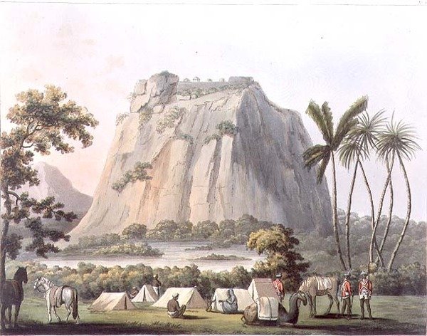 North View of Shole Ghurry, skylt 32 från "Picturesque Scenery in the Kingdom of Mysore", graverad av Harradon, pub. av Edward Orme (1774-c.1820) 1805 (akvatint) av Lieutenant James (after) Hunter