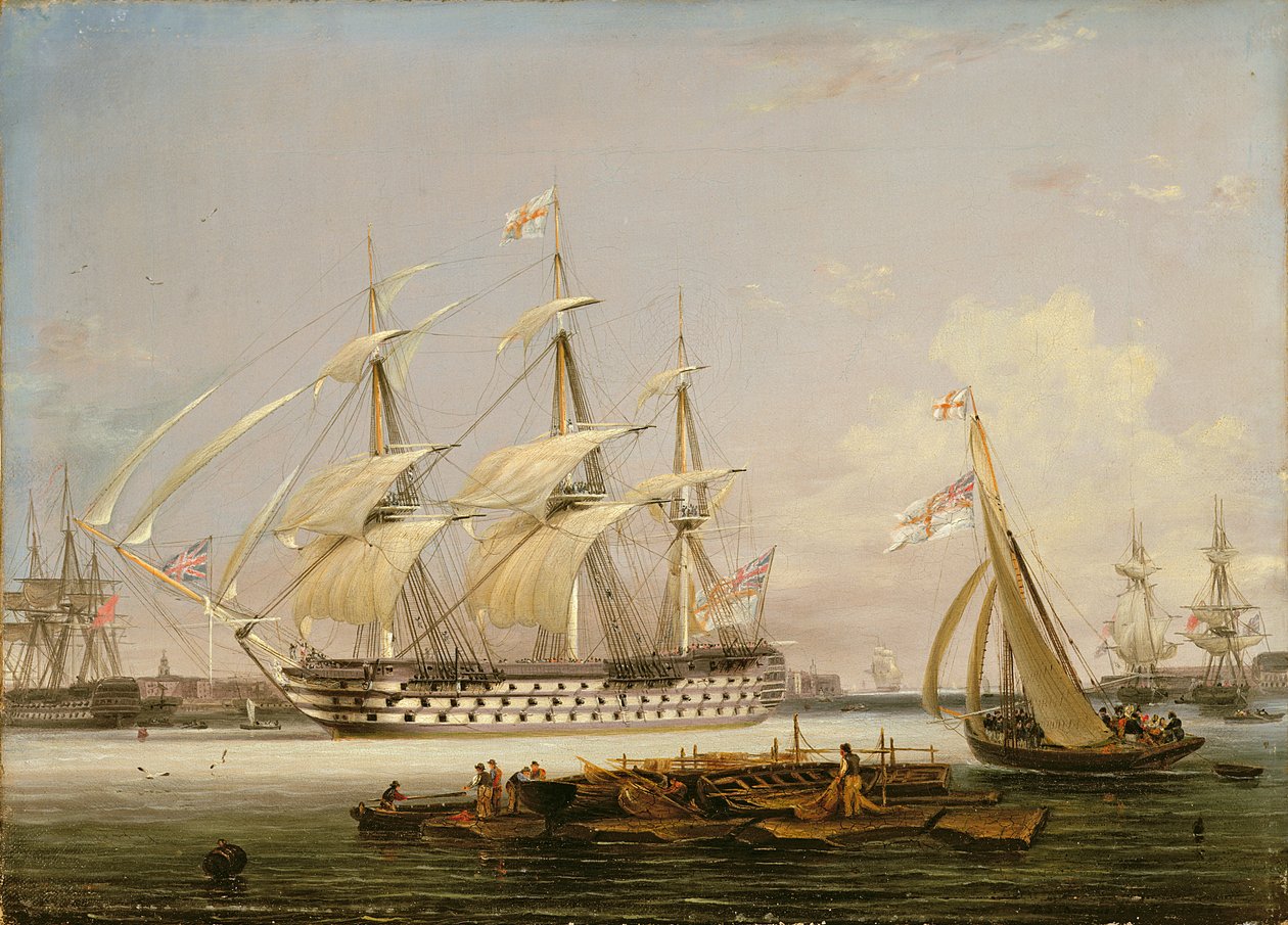 En tredäckare som går in i Portsmouths hamn, 1836 av Lieutenant Robert Strickland Thomas