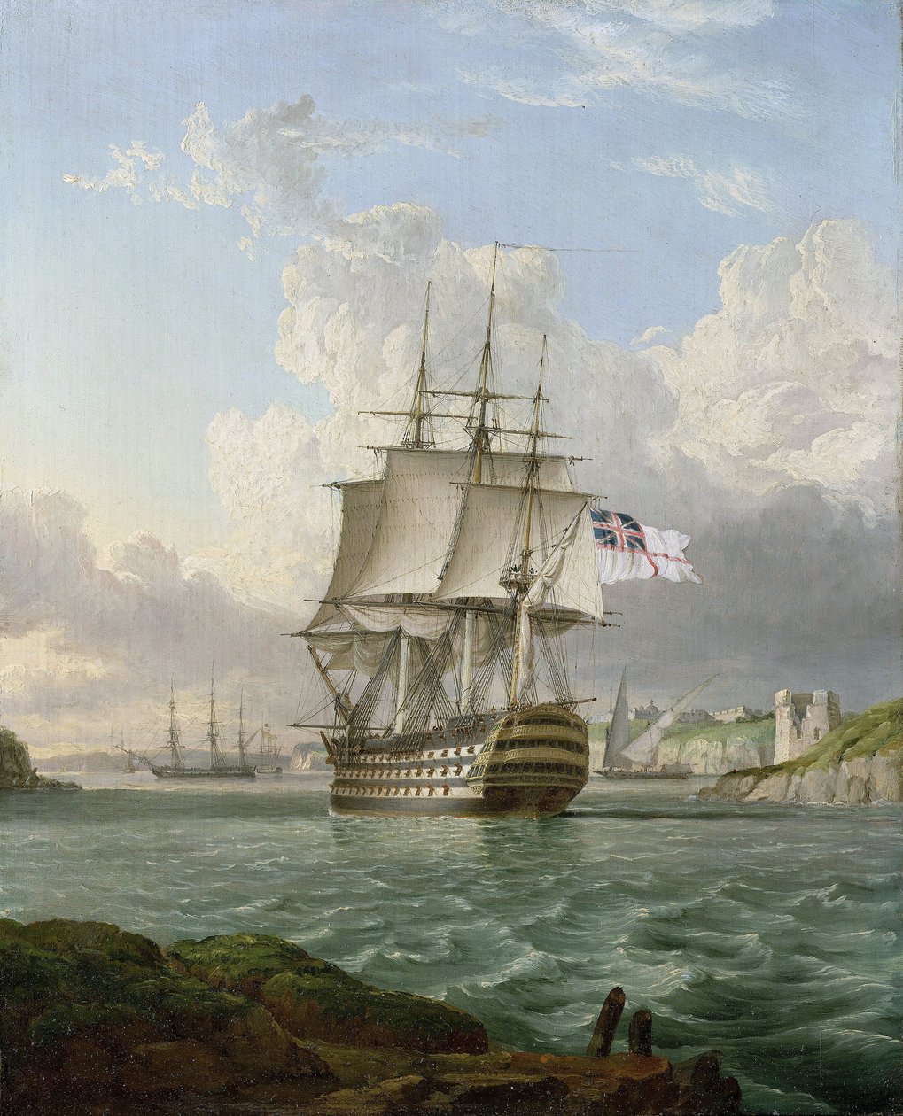 HMS "Britannia", ett 120-kanoners fartyg, byggt 1820, lämnar en hamn i Medelhavet, troligen Malta av Lieutenant Robert Strickland Thomas