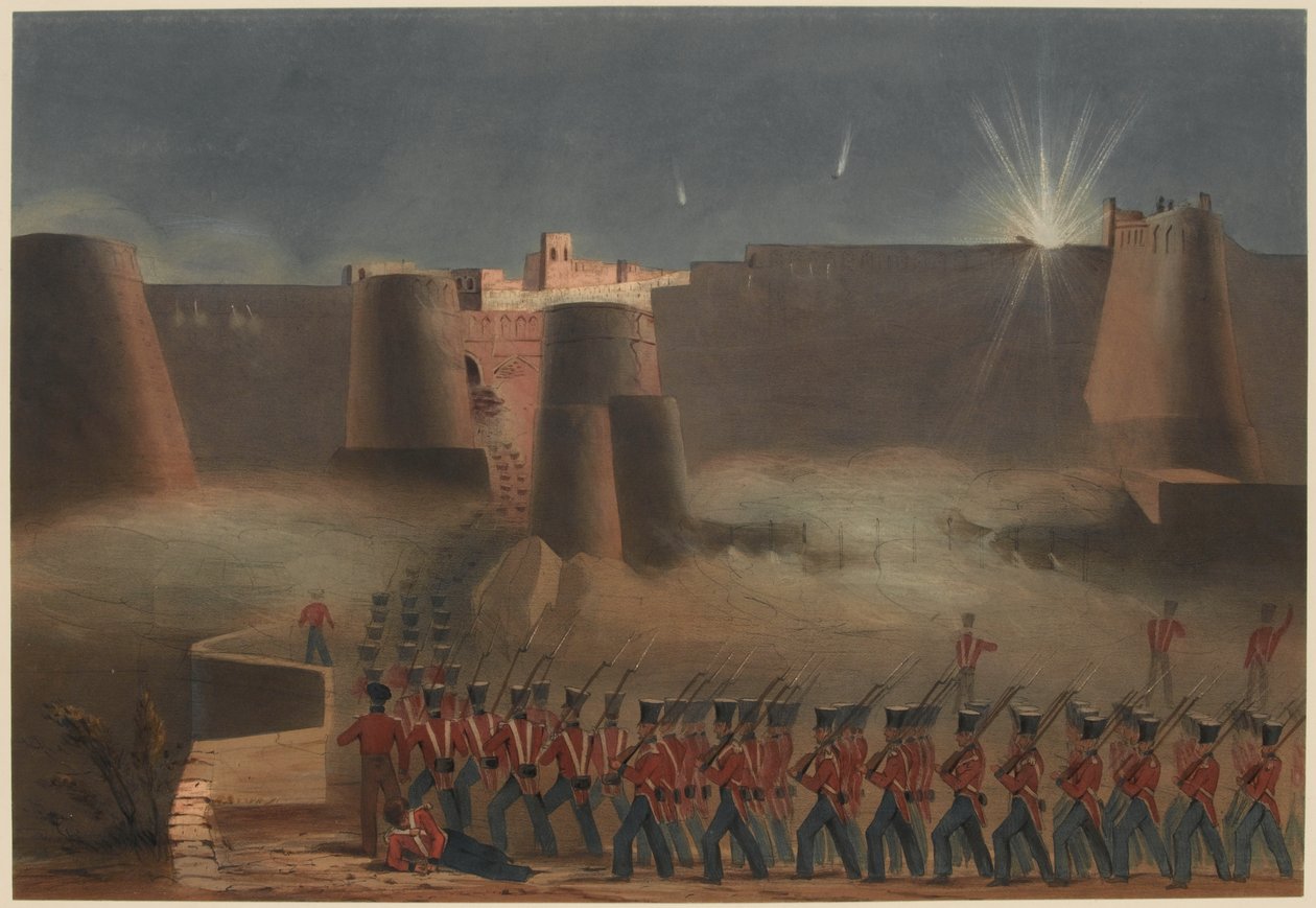 "Stormingen av Ghuznee. Stormpelaren som går in i fästningen, 23 juli 1839 (lito i färg) av Lieutenant Thomas (after) Wingate