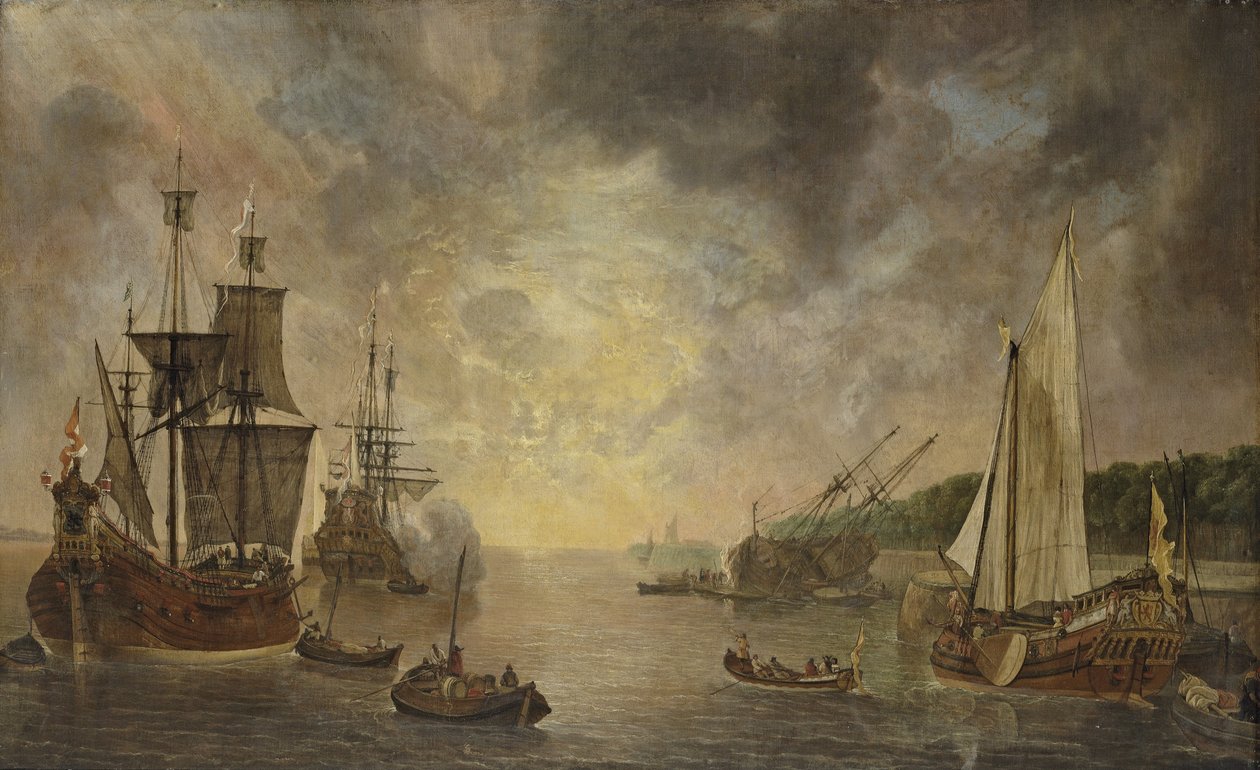 En hamn med en flöjt, en fregatt som skjuter en salut, en flöjt som vårdas och en States Yacht, med annan sjöfart vid solnedgången av Lieve Verschuier