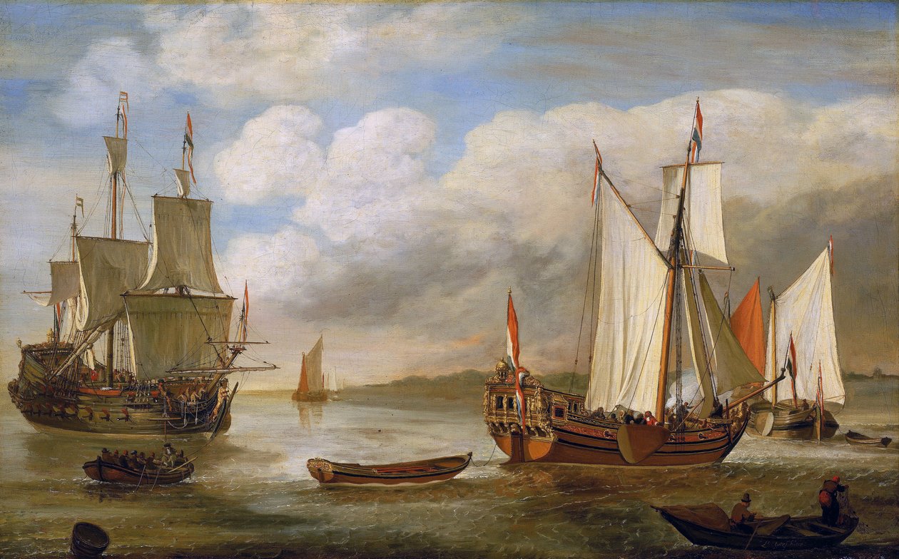 Olika holländska båtar: segelbåtar, fartyg och pråmar. Olja på duk av Lieve Pietersz Verschuier (1630-1686). av Lieve Verschuier