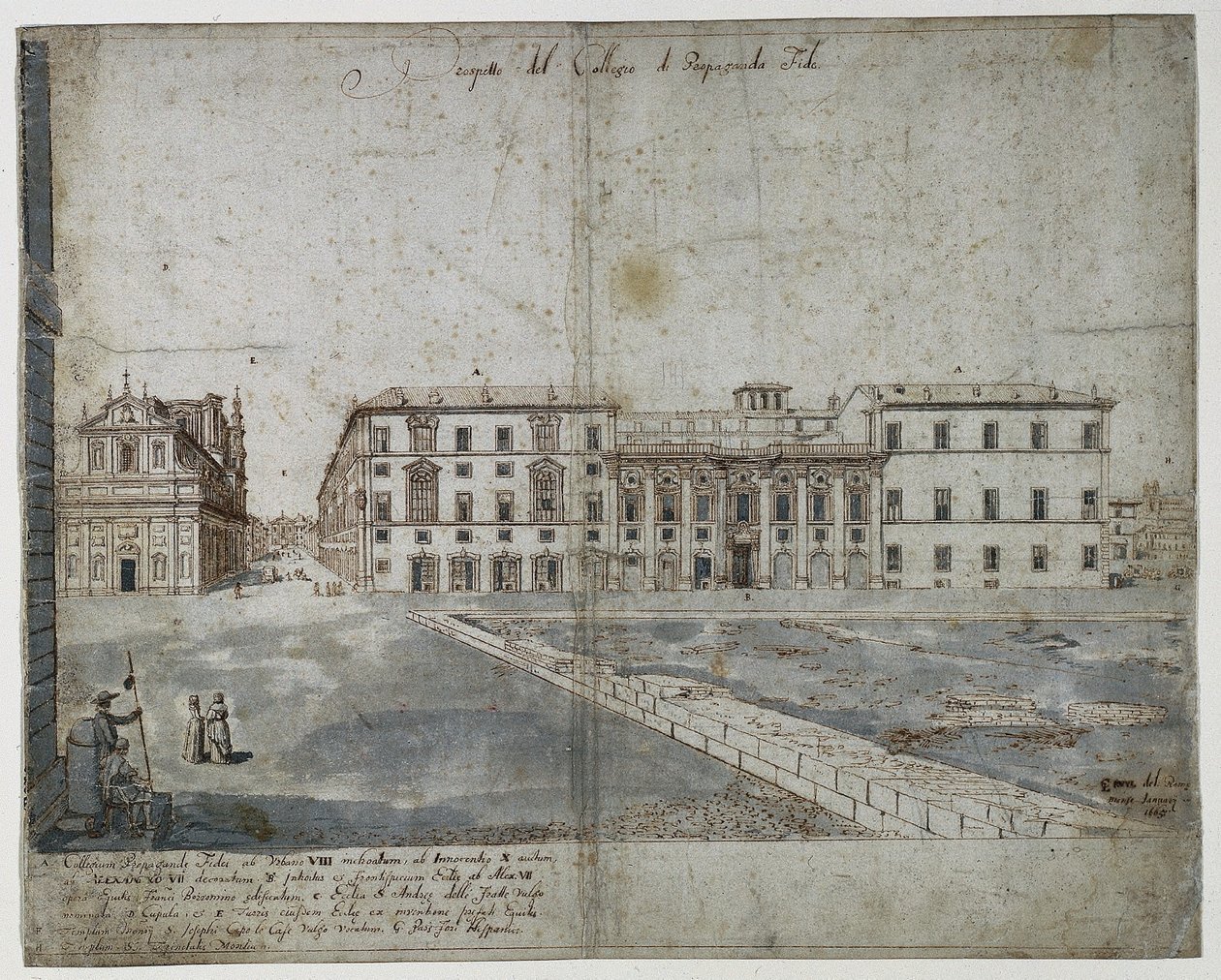 Arton utsikter över Rom: Collegio di Propaganda Fide recto, 1665. av Lievin Cruyl