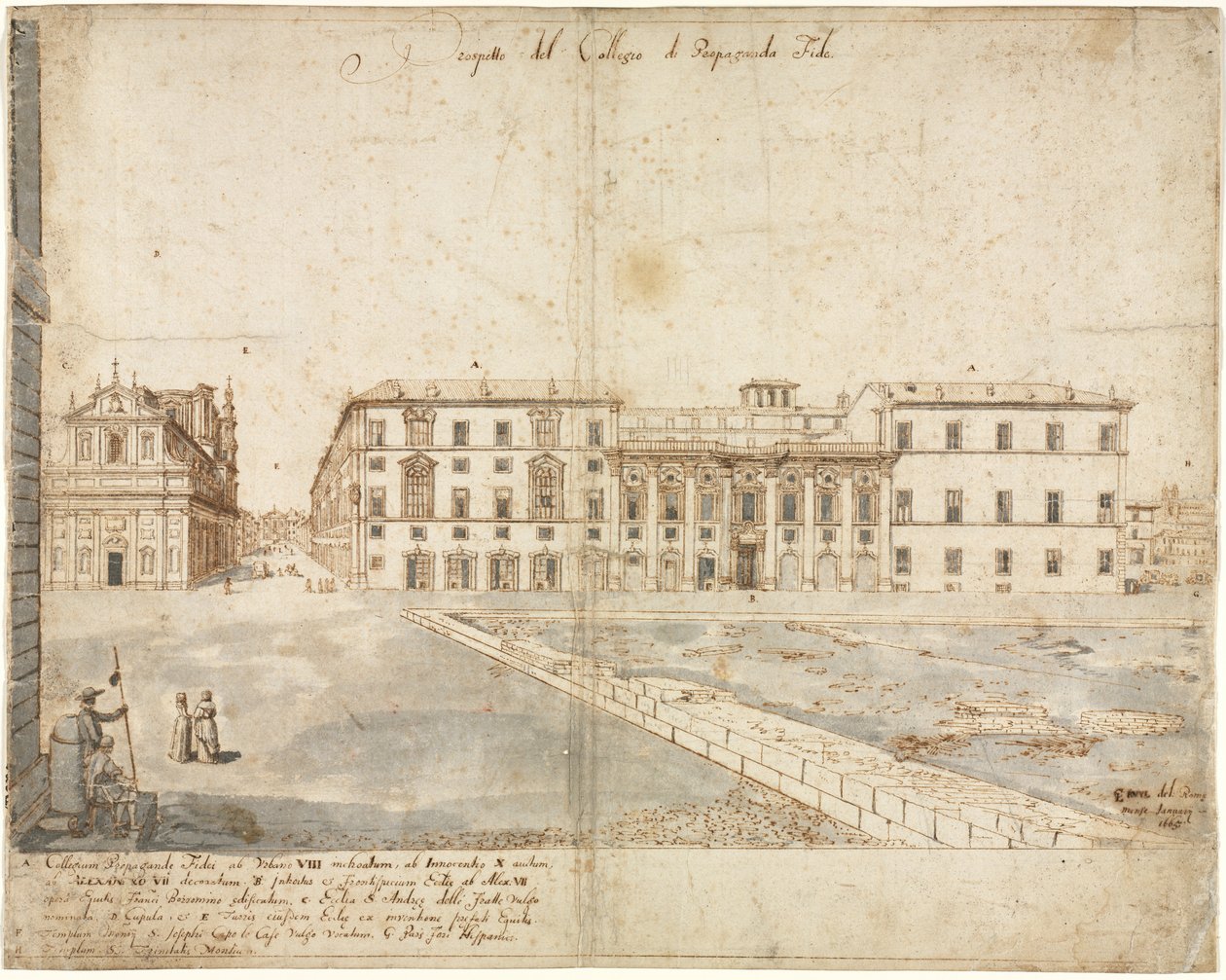 Arton utsikter över Rom: Collegio di Propaganda Fide recto, 1665. av Lievin Cruyl