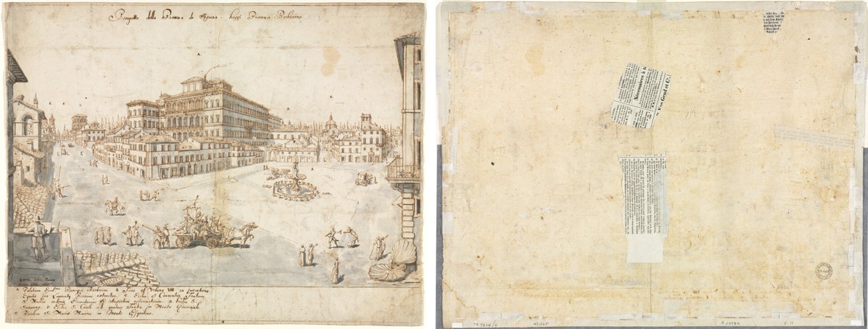 Arton utsikter över Rom: Piazza Barberini (recto); Spårning av en fontän från Recto och skisser av två ansikten (verso) av Lievin Cruyl