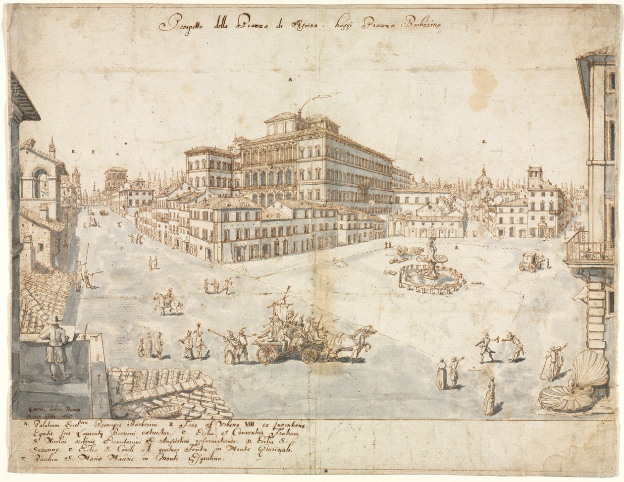 Arton utsikter över Rom: Piazza Barberini recto ..., 1665. av Lievin Cruyl