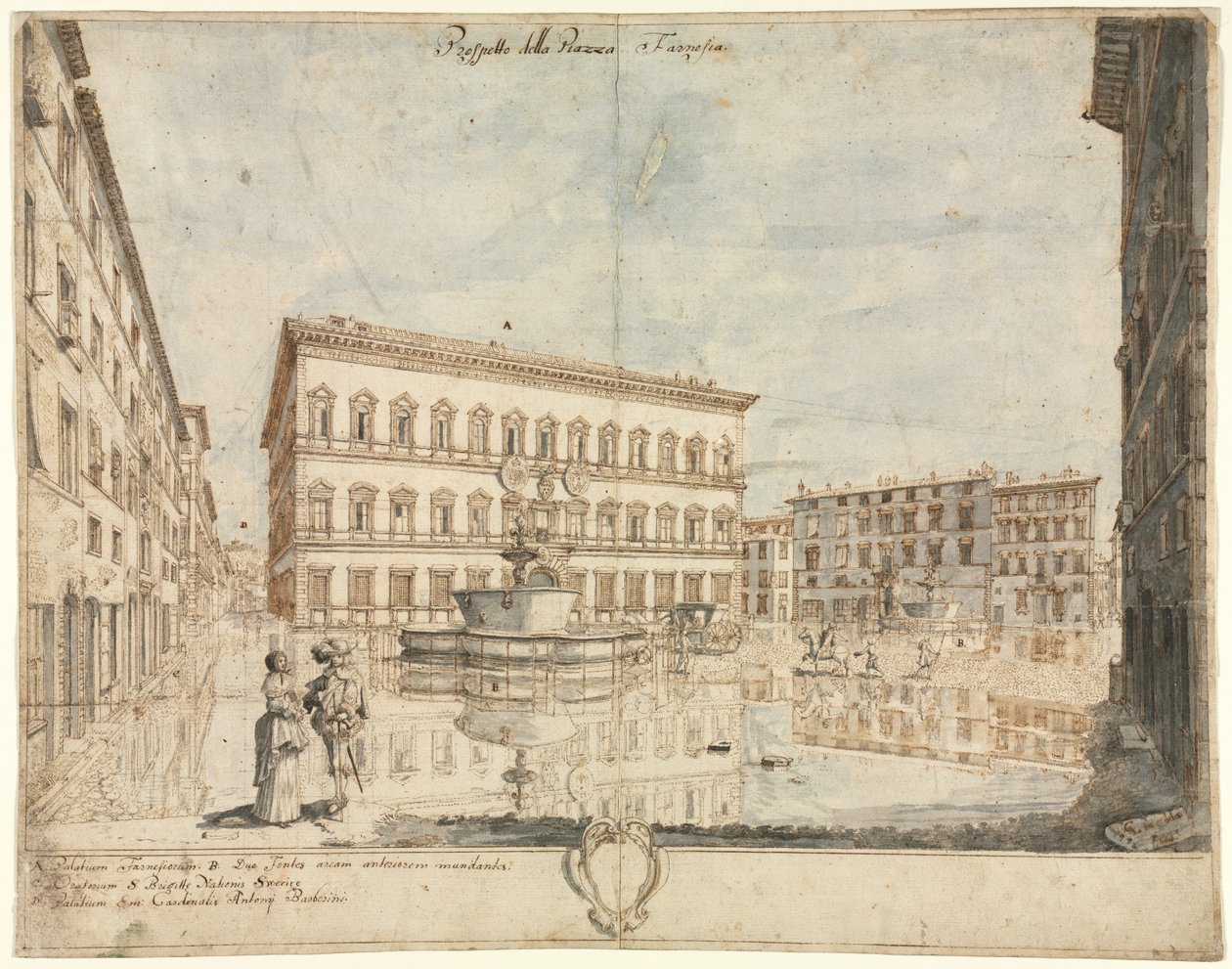 Arton utsikter över Rom: Piazza Farnese (recto) av Lievin Cruyl