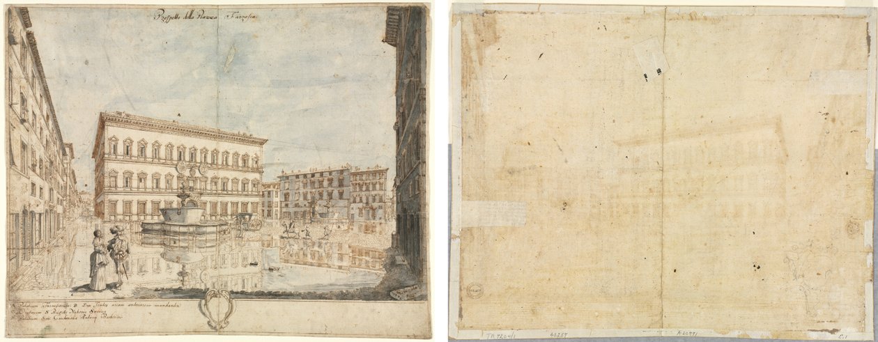 Arton utsikter över Rom: Piazza Farnese (recto); Kartusch (verso) av Lievin Cruyl