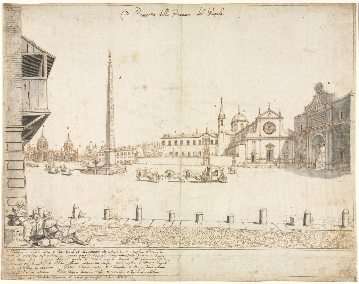 Arton utsikter över Rom: Piazza del Popolo (recto) av Lievin Cruyl