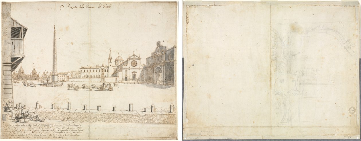 Arton utsikter över Rom: Piazza del Popolo (recto); Skiss för San Giovanni in Laterano (verso) av Lievin Cruyl