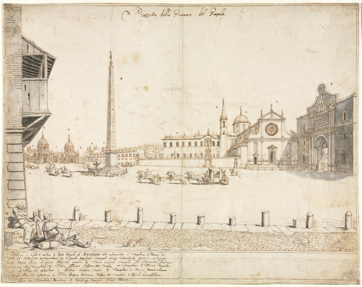 Arton utsikter över Rom: Piazza del Popolo recto, 1664. av Lievin Cruyl