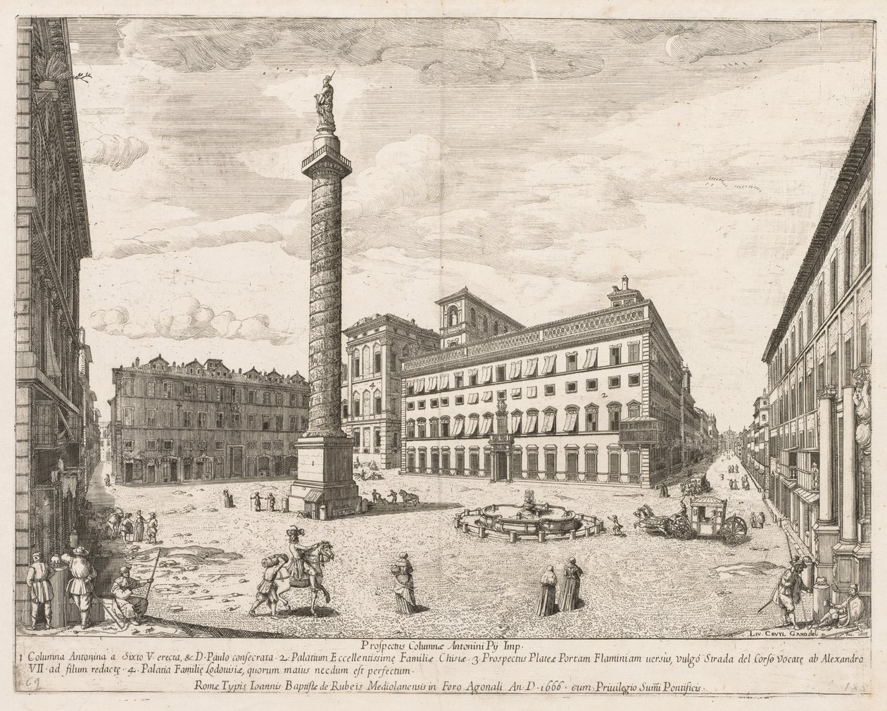 Piazza Colonna från "View of the Landmarks of the City of Rome" av Lievin Cruyl