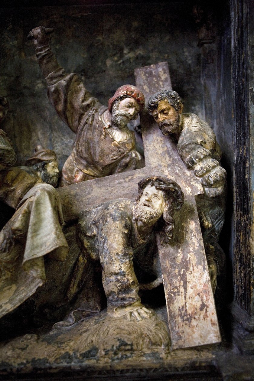 Altartavla, vänster panel, detalj, Korsets bärande, st. Veronica (målad sten) av Ligier Richier