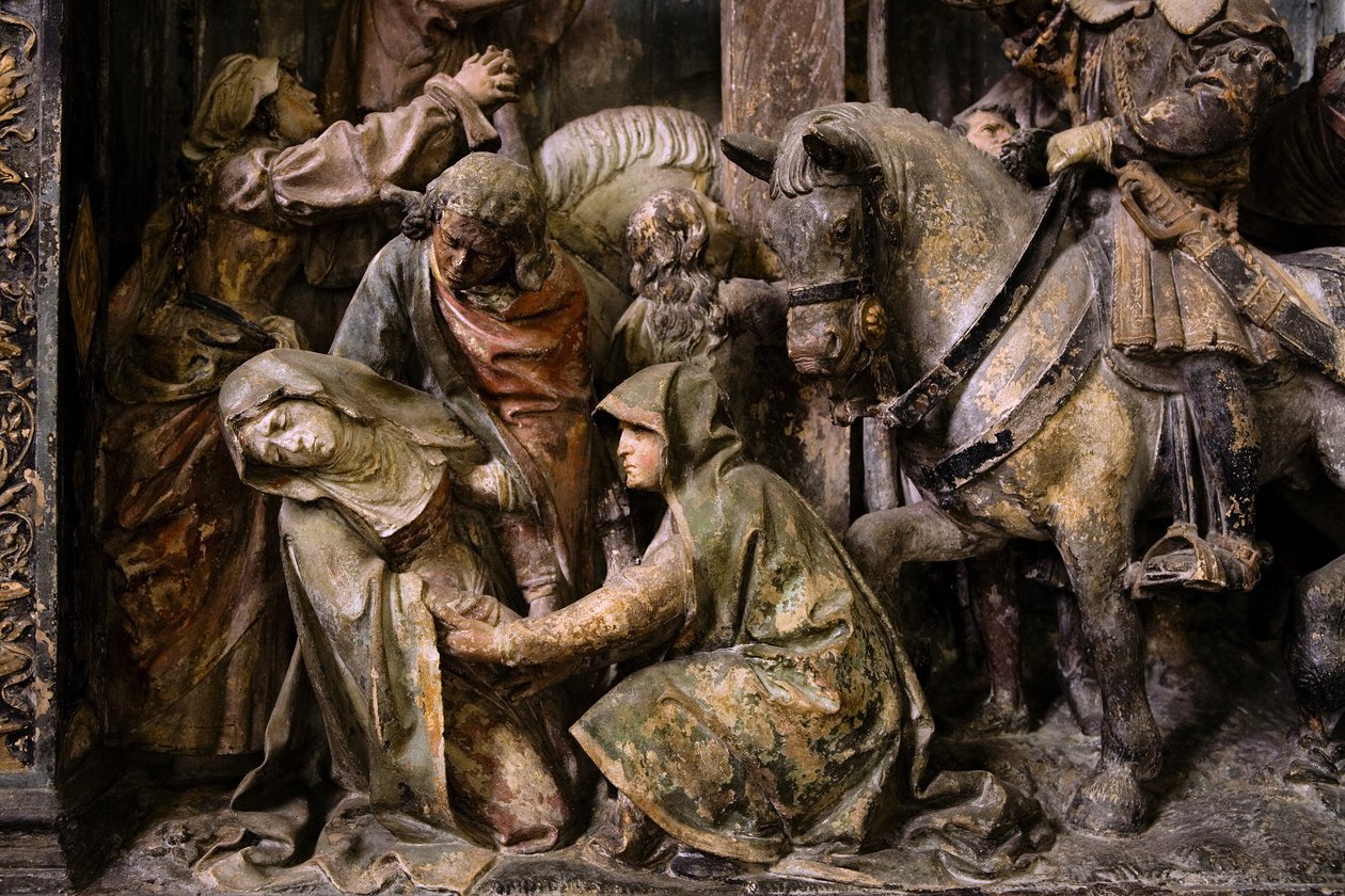 Altartavla, central panel, detalj, jungfruns svimning (målad sten) av Ligier Richier