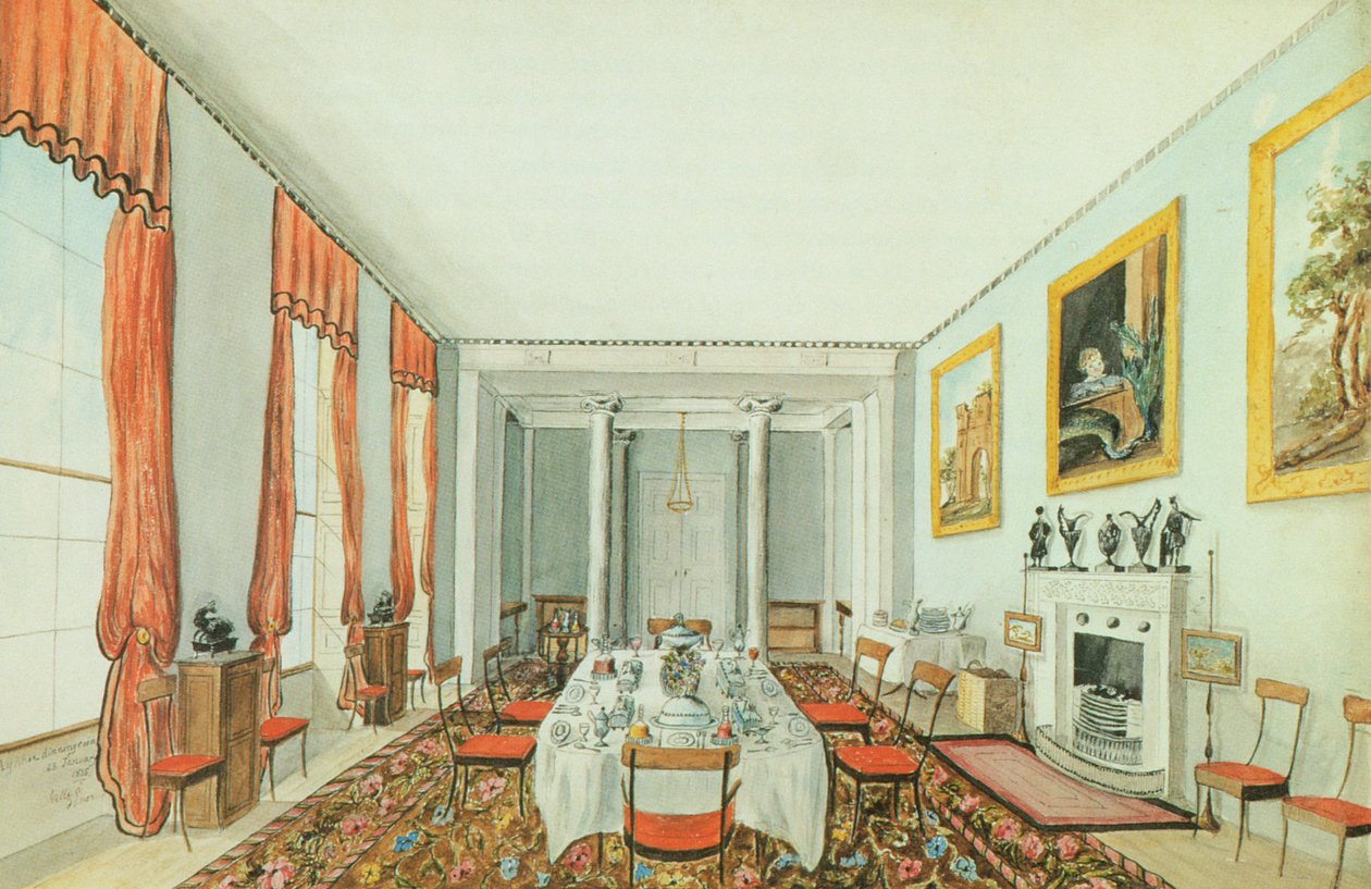 Matsalen i Aynhoe, 23 januari 1835 (akvarell på papper) av Lili Cartwright