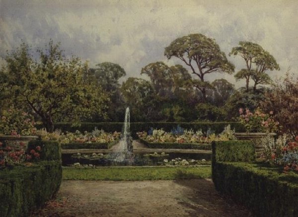 Lily Pond Garden med en cirkulär damm och en kerubfontän (akvarell och gouache) av Lilian Stannard