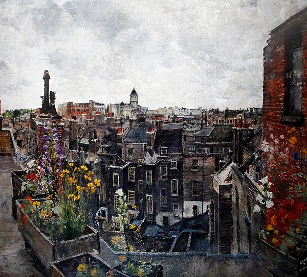 City of London Skies and Flowers (Roofs of High Holborn) 1930-talet (olja på duk) av Lily Delissa Joseph