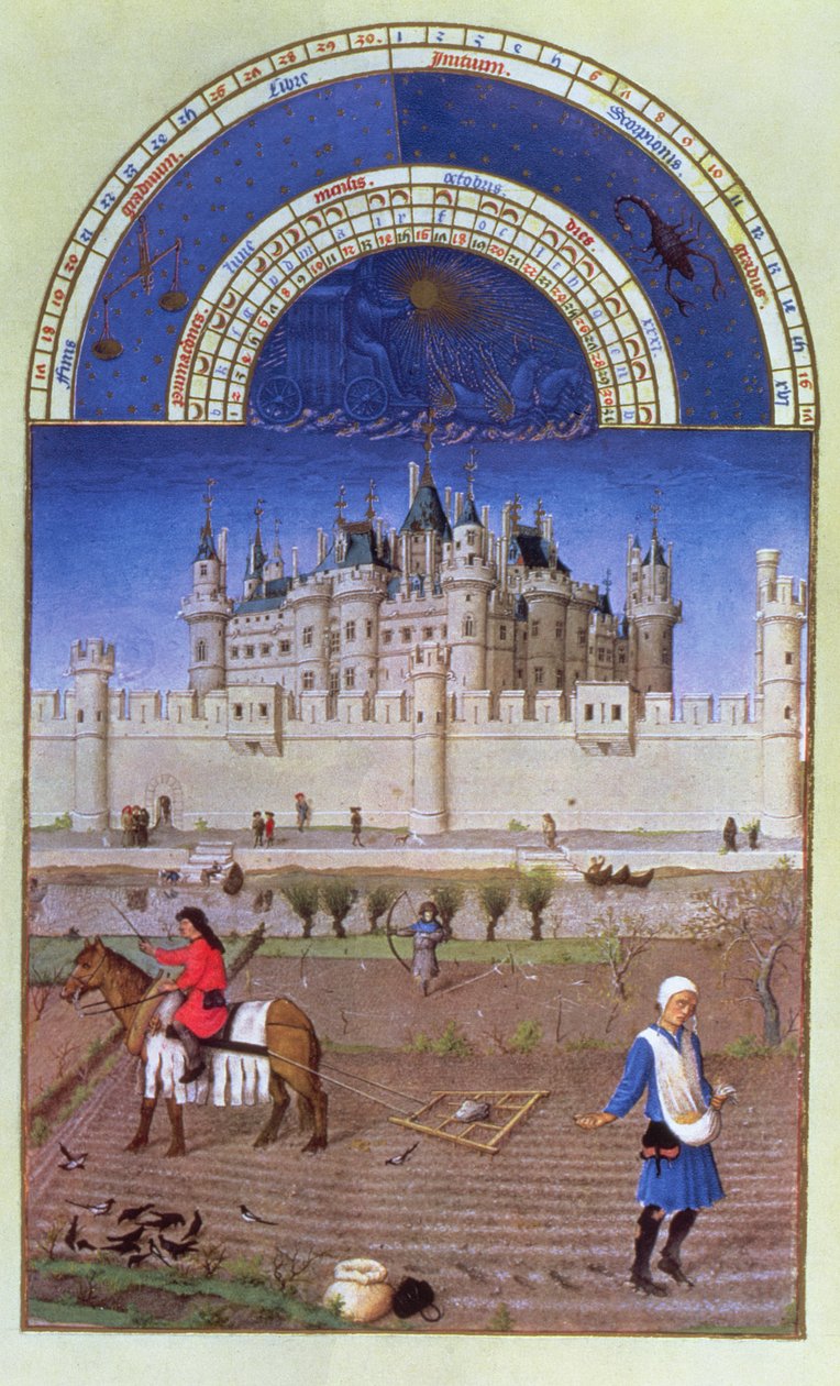 Faksimil av oktober: sådd av vintersäd av bröderna Limbourg, från "Tres Riches Heures du Duc de Berry" av Limbourg Brothers