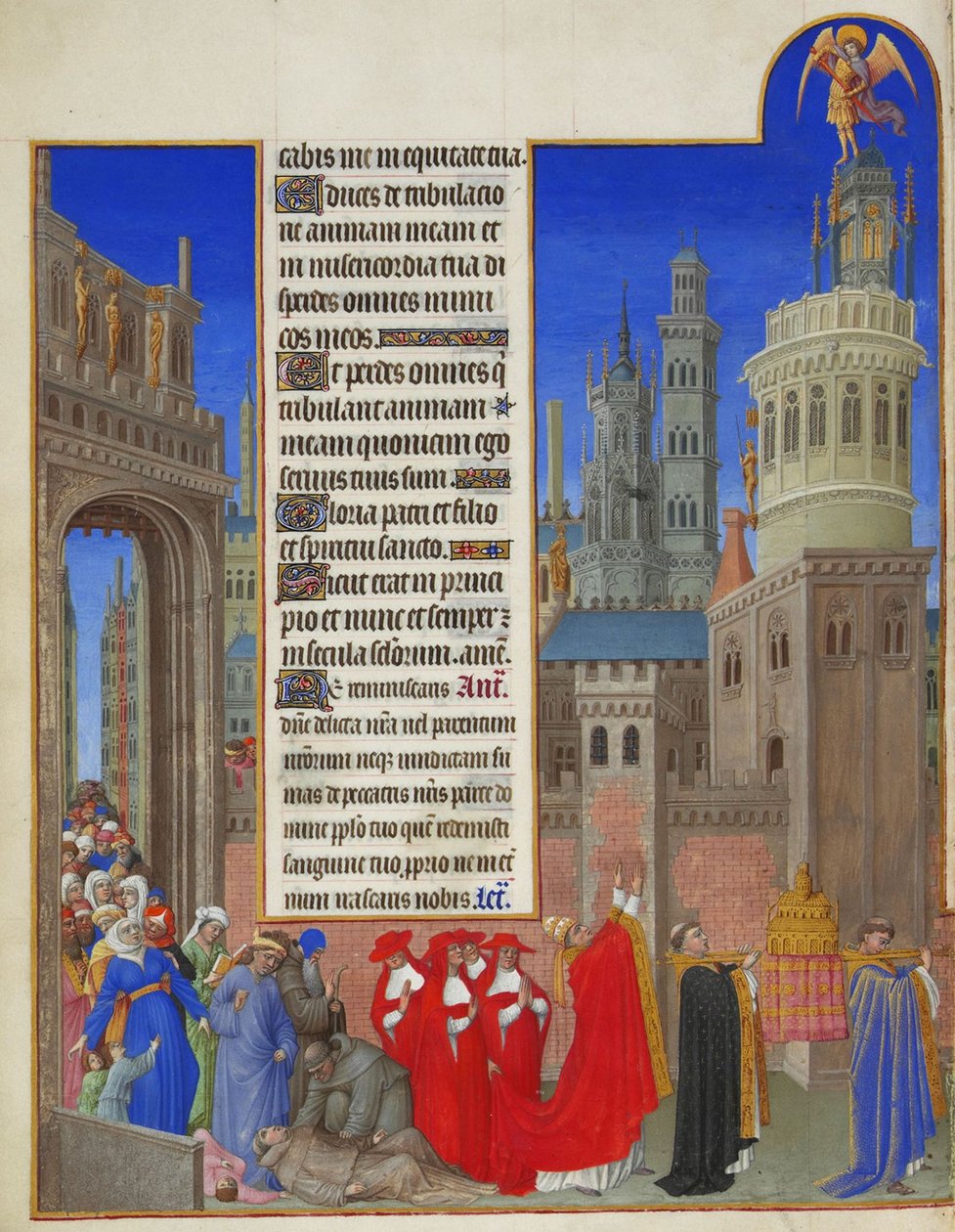 Très Riches Heures du Duc de Berry: Processionen av Saint Gregory, första delen av Limbourg Brothers