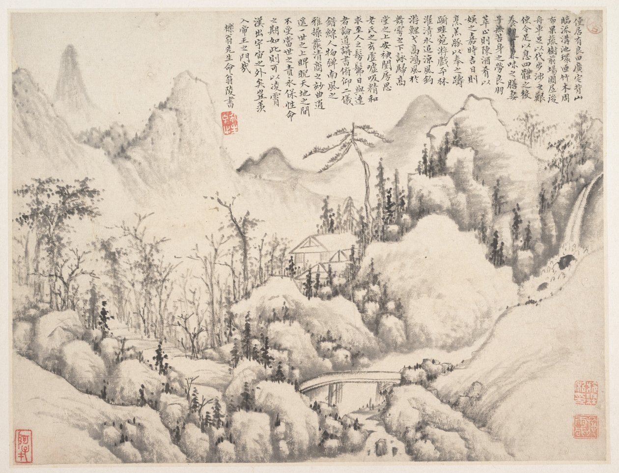 Mountain Retreat, blad från Album for Zhou Lianggong, daterat till 1654-55 (blad från ett kollektivt album med många blad; bläck och färg på papper) av Lin Shi