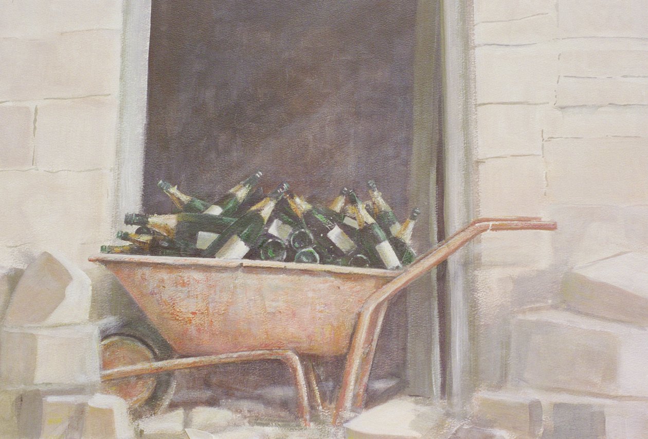 Champagne skottkärra, 1985 (akryl på duk) av Lincoln Seligman