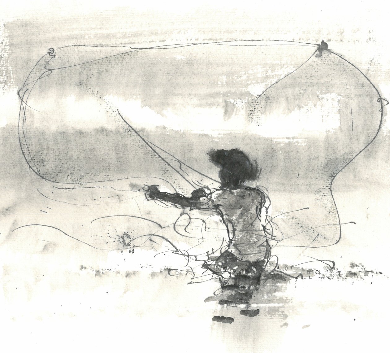 Fisherman, Sri Lanka, 2015 (penna och bläck med tvätt på papper) av Lincoln Seligman