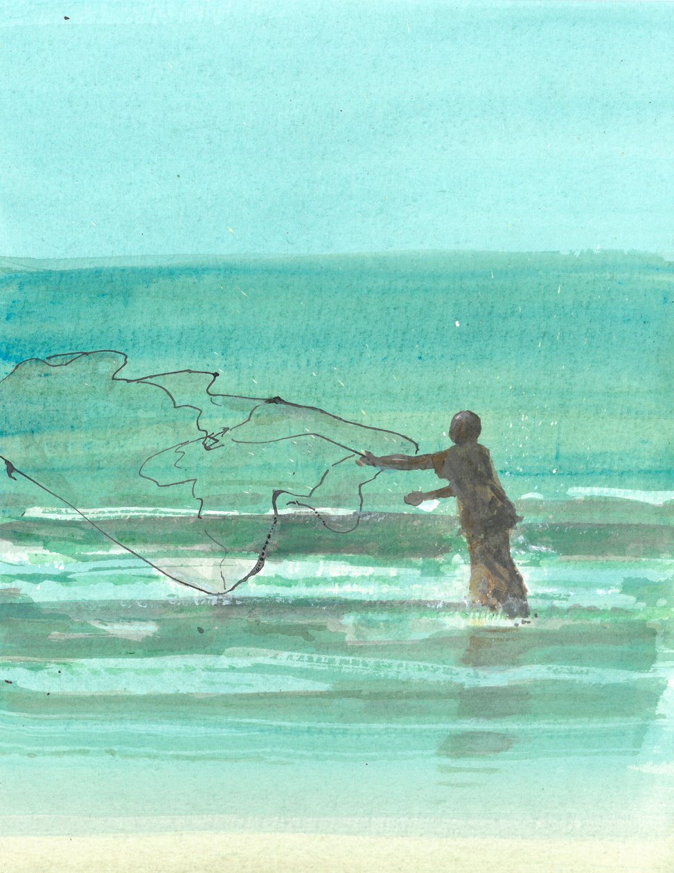 Lone Fisherman 1, 2015 (penna och bläck med wc på papper) av Lincoln Seligman