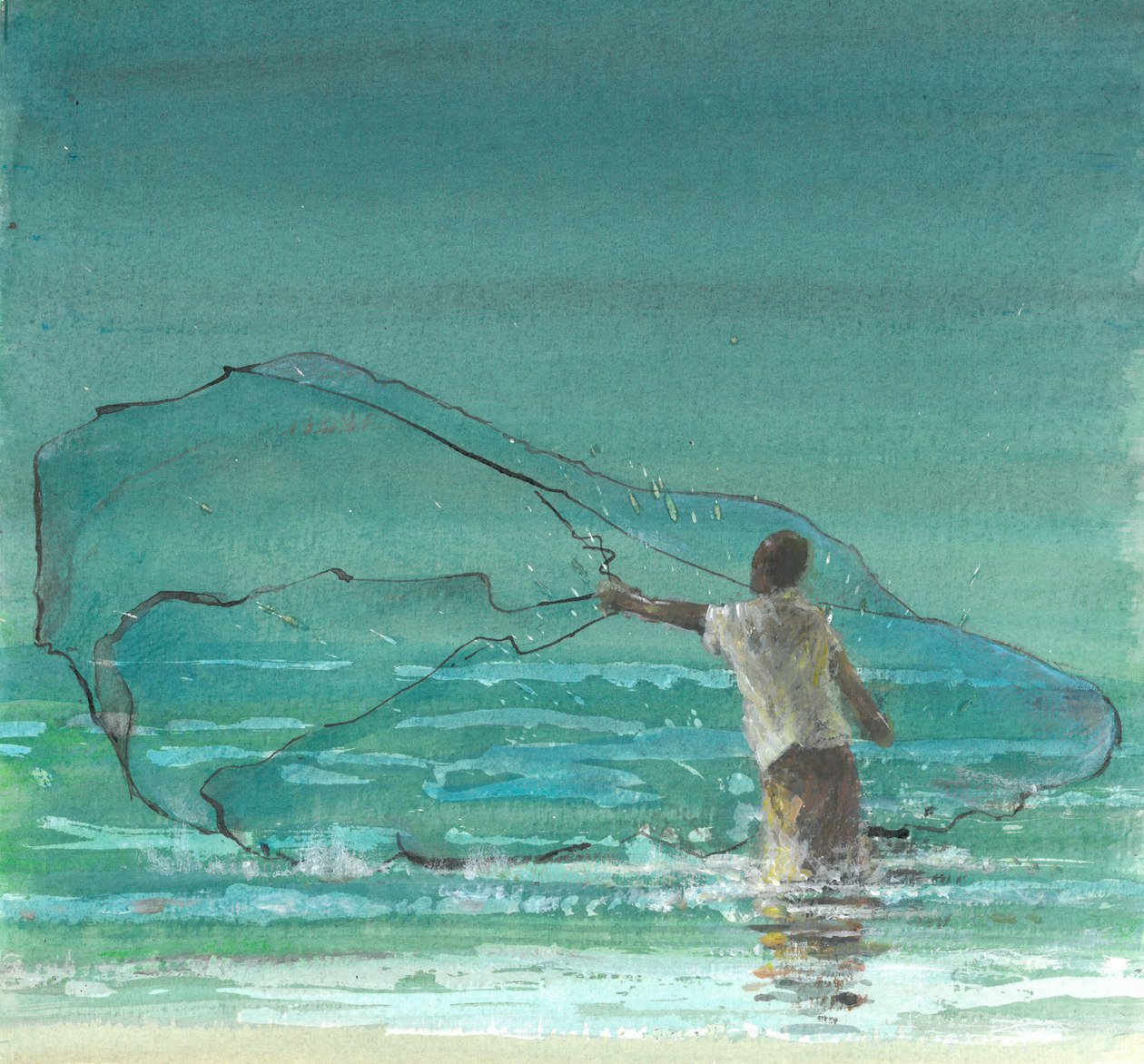Lone Fisherman 3, 2015 (penna och bläck med wc på papper) av Lincoln Seligman