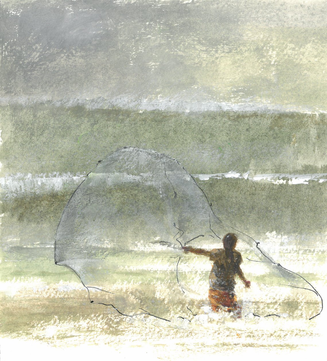 Lone Fisherman 4, 2015 (penna och bläck med wc på papper) av Lincoln Seligman