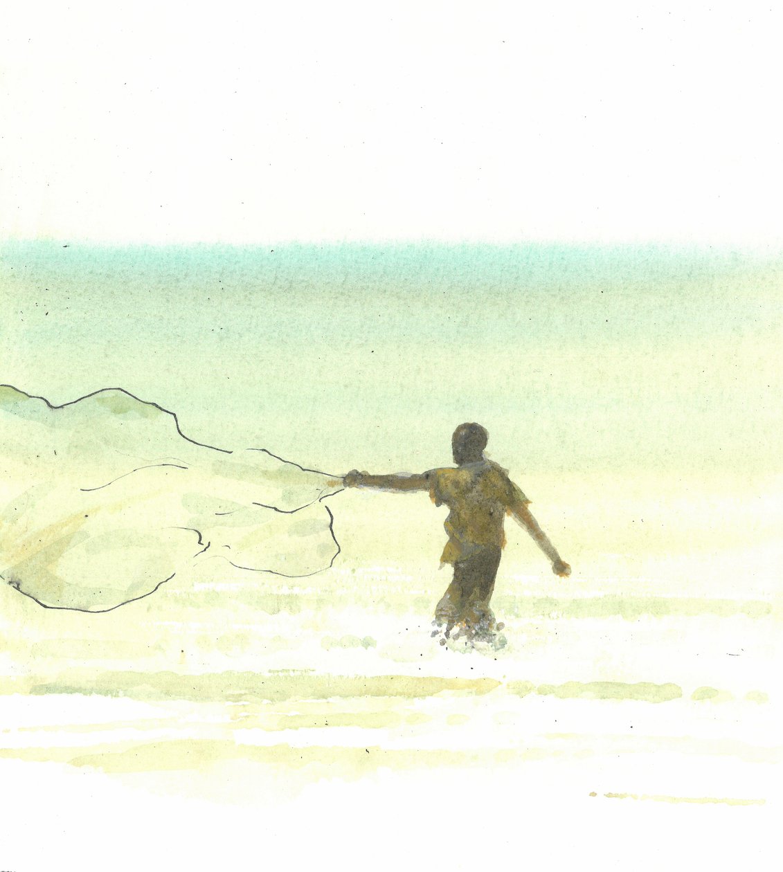 Lone Fisherman 6, 2015 (penna och bläck med wc på papper) av Lincoln Seligman