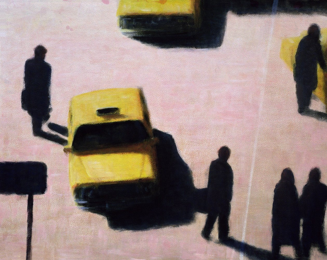 New York Taxis, 1990 (akryl på duk) av Lincoln Seligman
