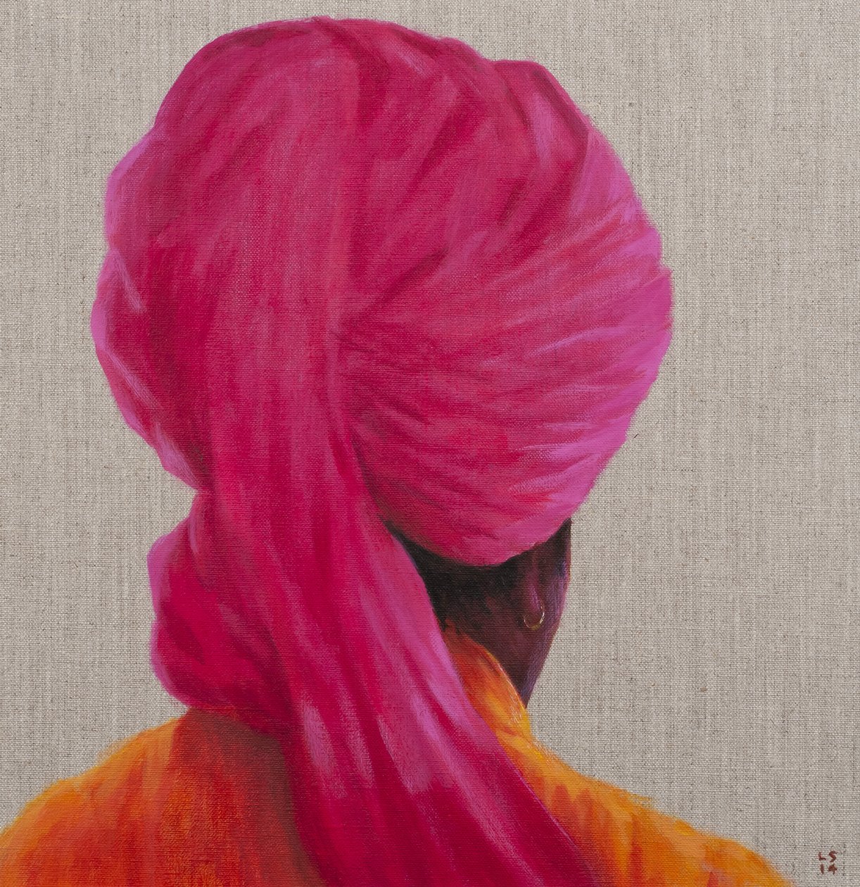 Rosa turban, orange jacka, 2014 av Lincoln Seligman