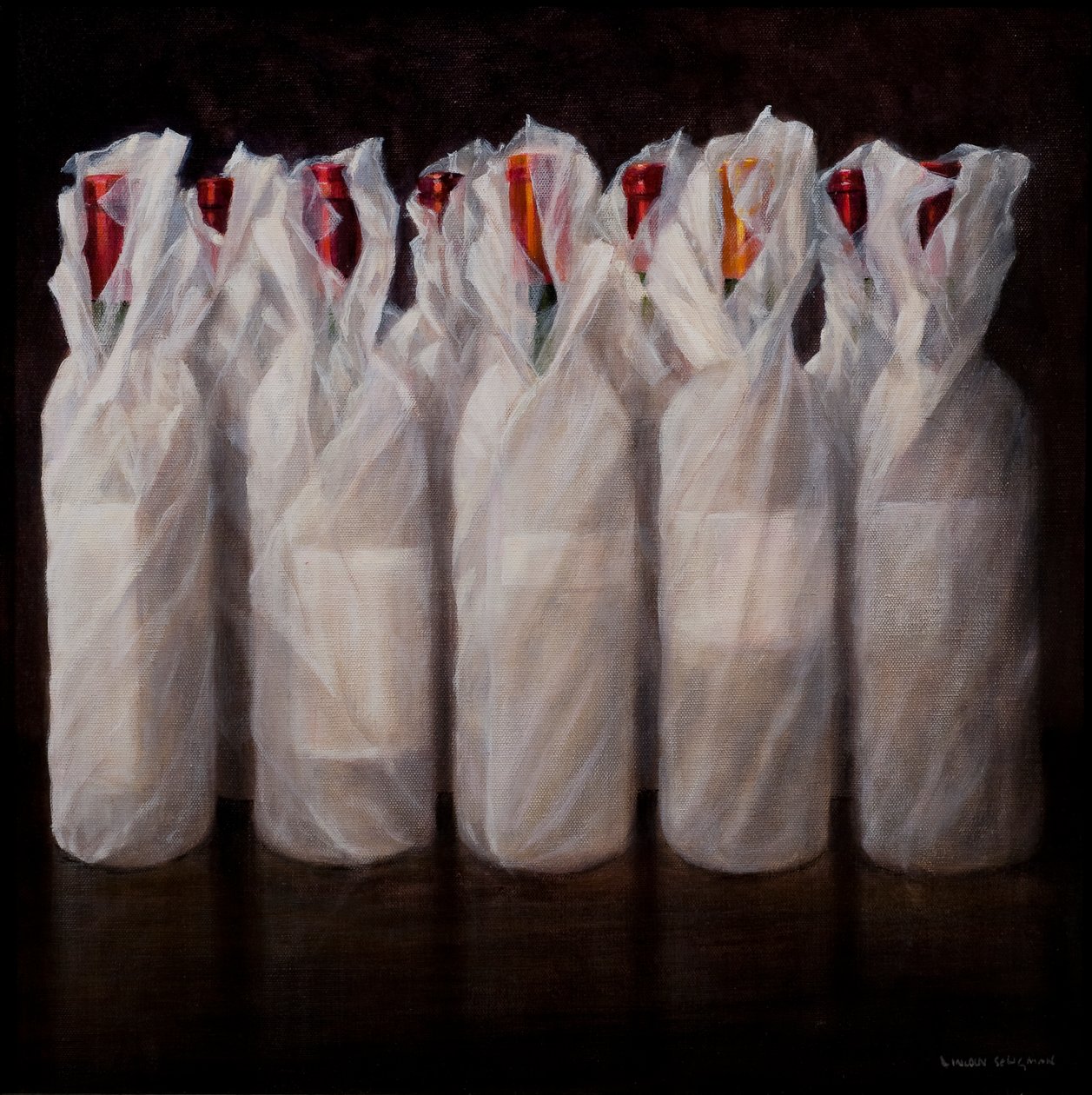 Wrapped Wine Bottles, 2010 (akryl på duk) av Lincoln Seligman