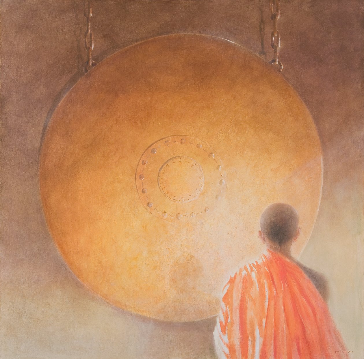 Ung buddhistisk munk och Gong, Bhutan, 2010 (akryl på duk) av Lincoln Seligman