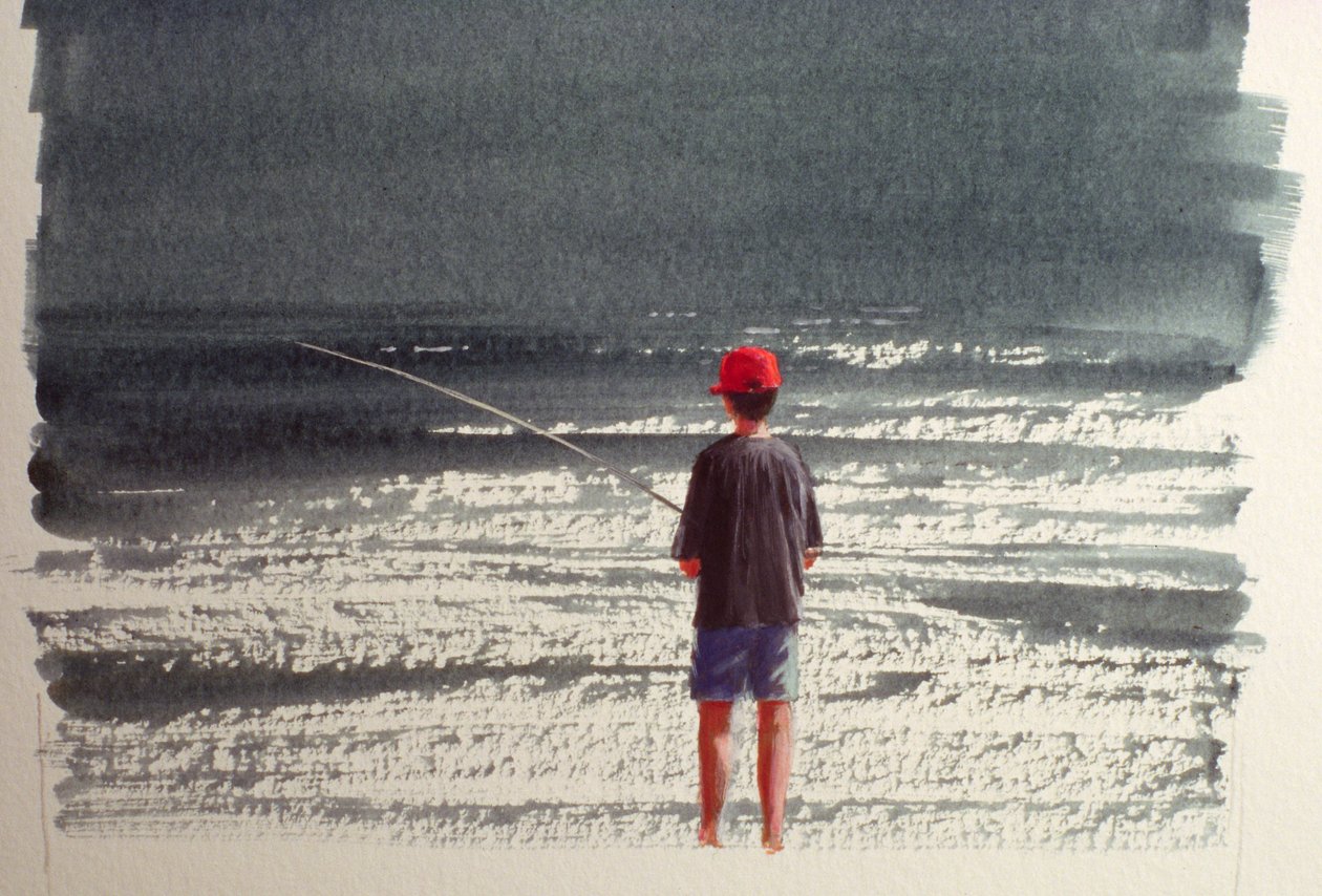Henry Fishing, Alperna, 1990 (akryl på papper) av Lincoln Seligman