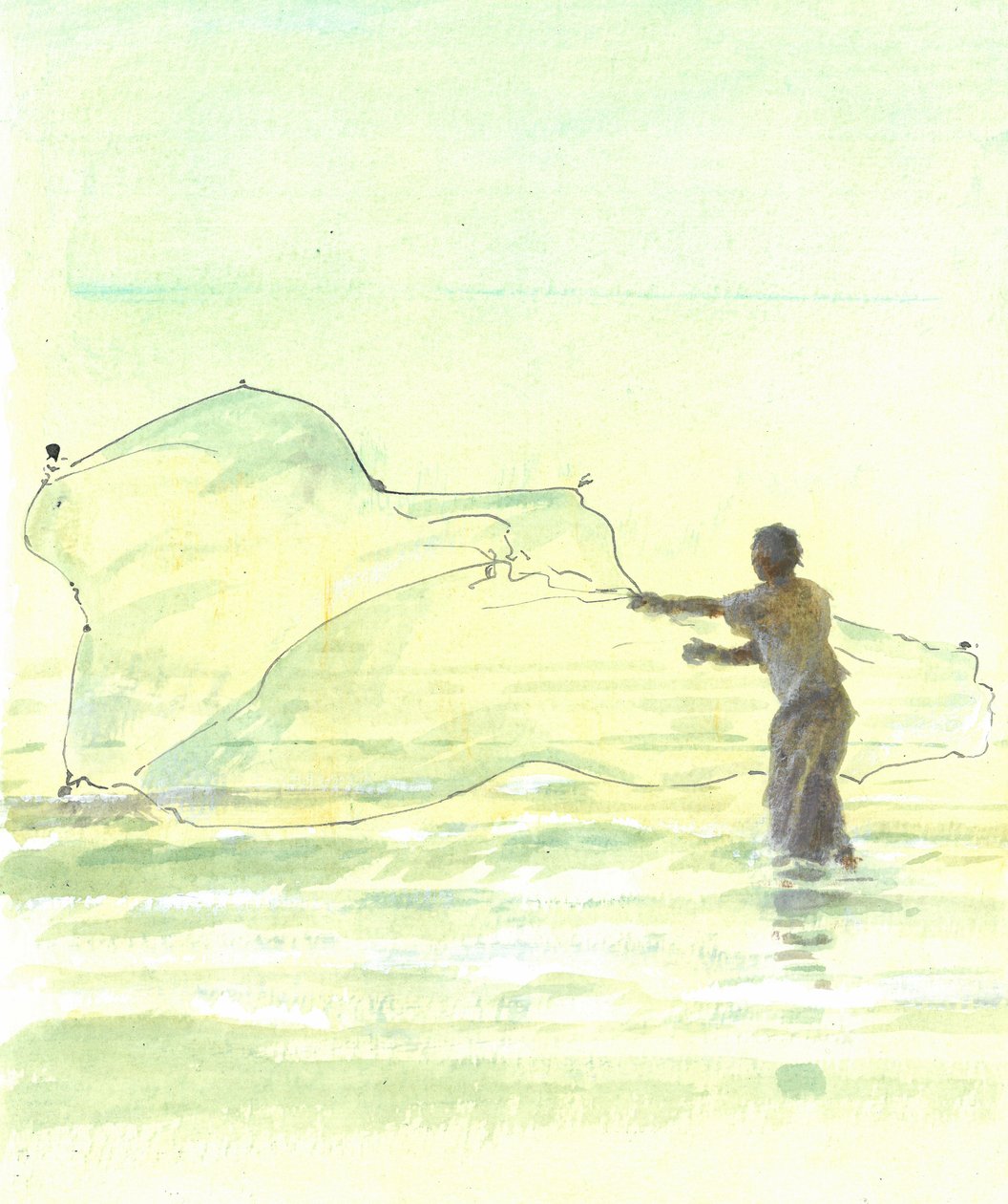 Lone Fisherman 2, 2015 (penna och bläck med wc på papper) av Lincoln Seligman