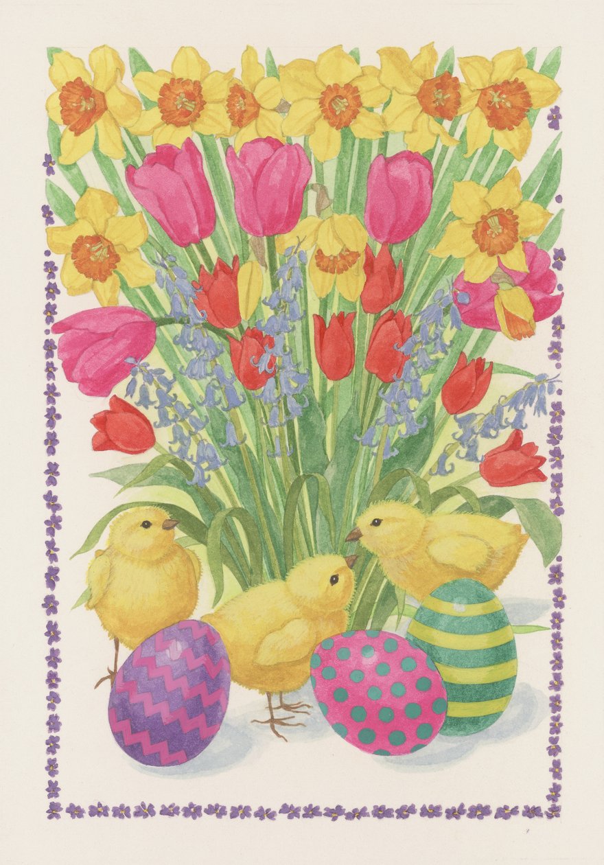 Chicks, Eggs and Flowers, 1995 (wc på papper) av Linda Benton