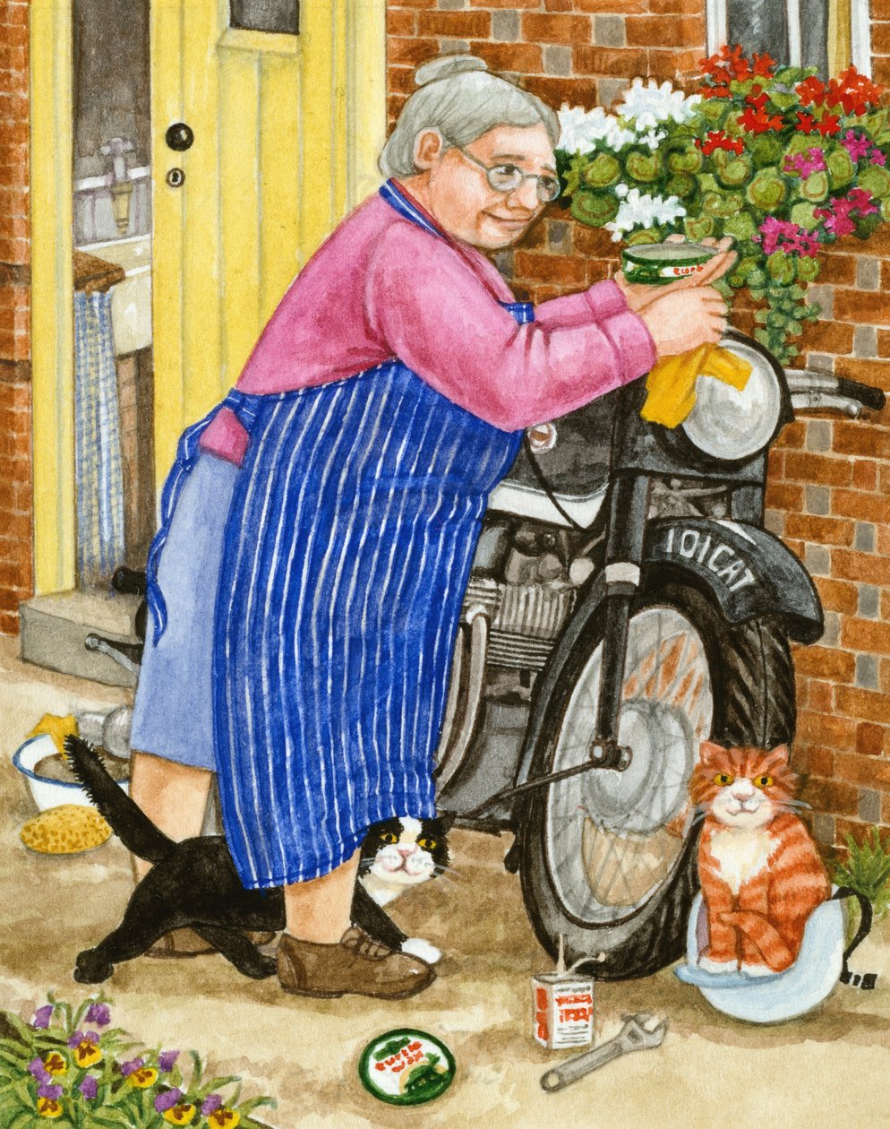 Mormor och 2 katter och motorcykel (wc på papper) av Linda Benton