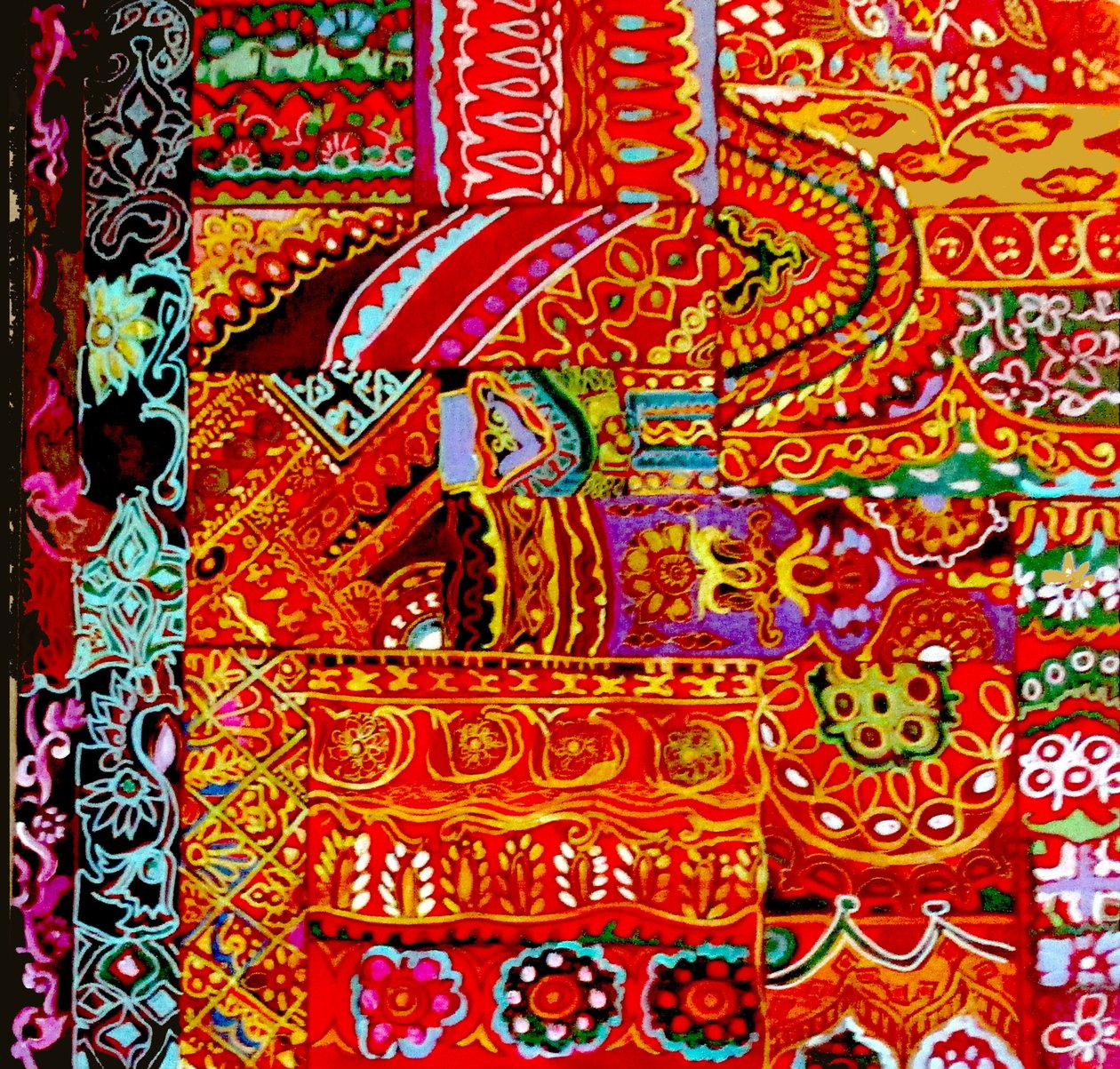 Indian Embroidey, 2017 (duk med färgglada,detaljerade,etniska,sree,blommor, Indien) av linda arthurs