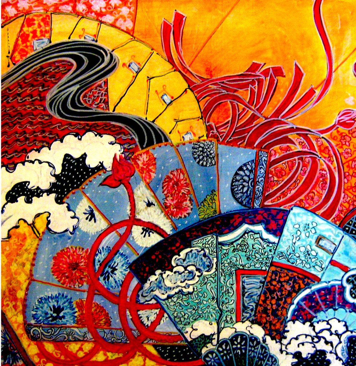 Oriental Fans, 2013 (blandteknik, akryl, bläck, olja) av linda arthurs