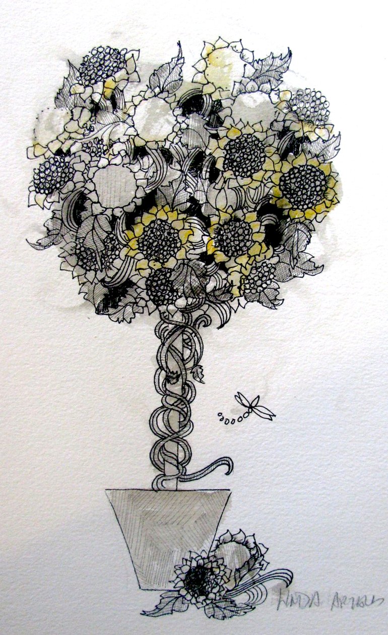 Arrangemang med solrosor, 2015 (penna och tusch) av linda arthurs