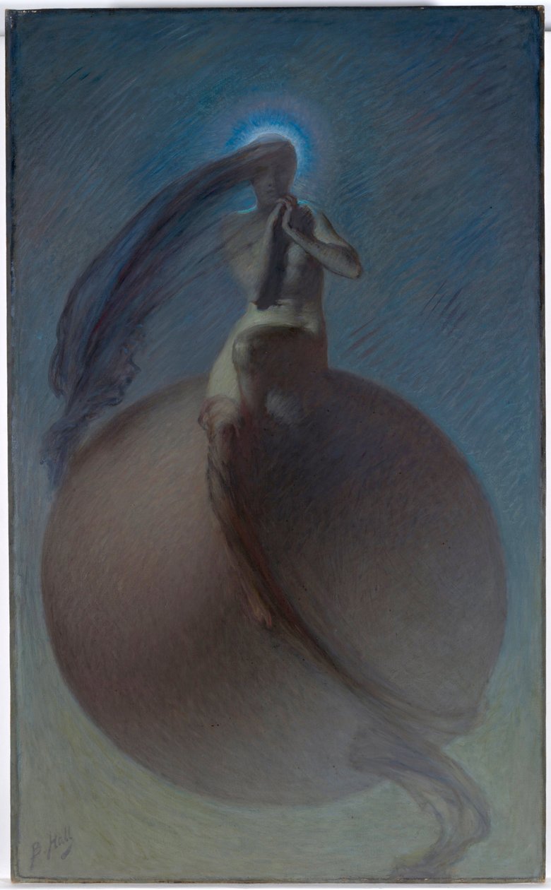 ""La quete"" (The Quest) Drömlik representation, kvinnlig siluett placerad på en jordglob - Målning av Lindsay Bernard Hall (1859-1935) cirka 1905 - Olja på duk Dim 154x94,5 cm National Gallery of Australia, Canberra av Lindsay Bernard Hall