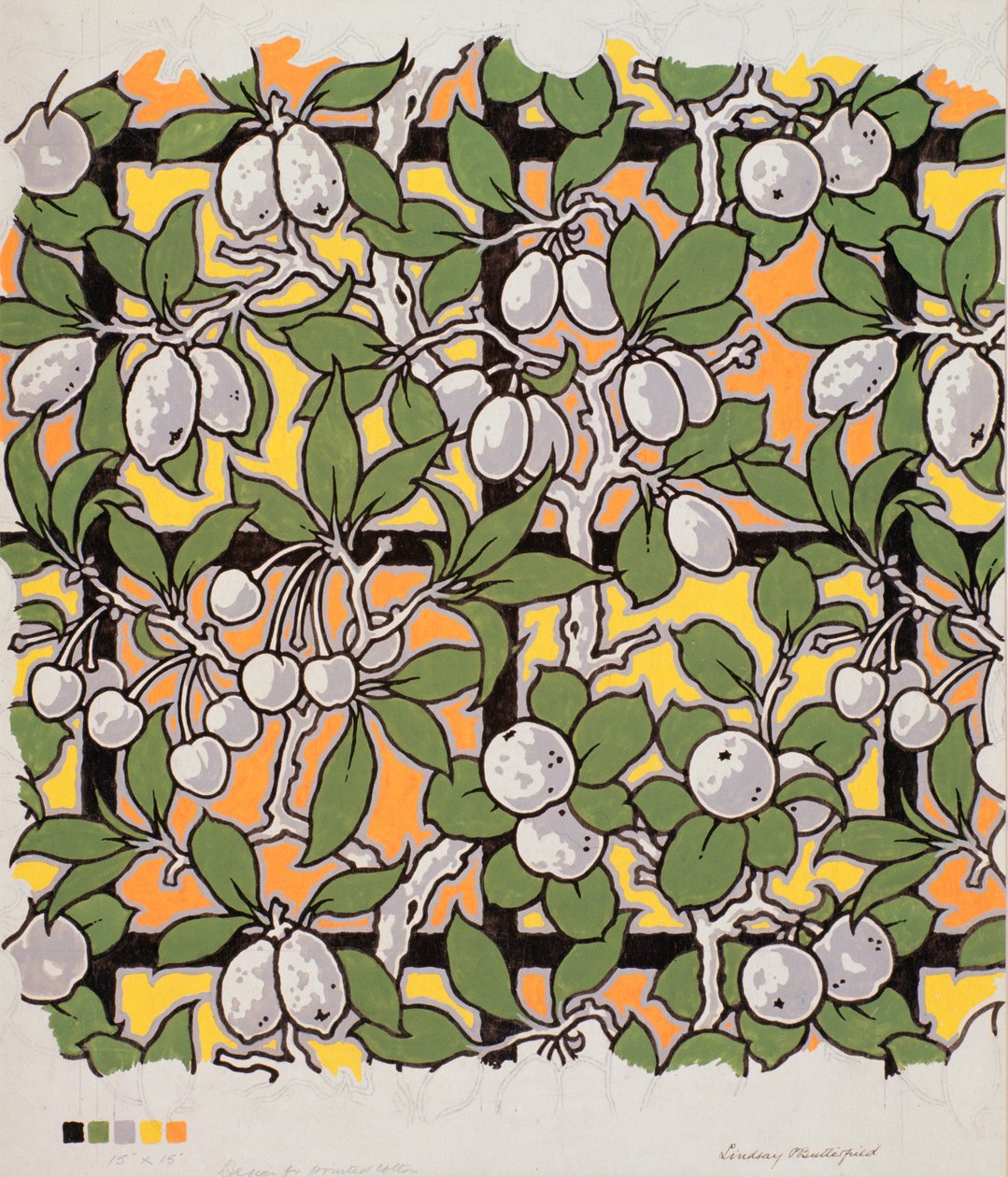 Blandad frukt på spaljé, design för tryckt bomull, 1900-tal av Lindsay P. Butterfield