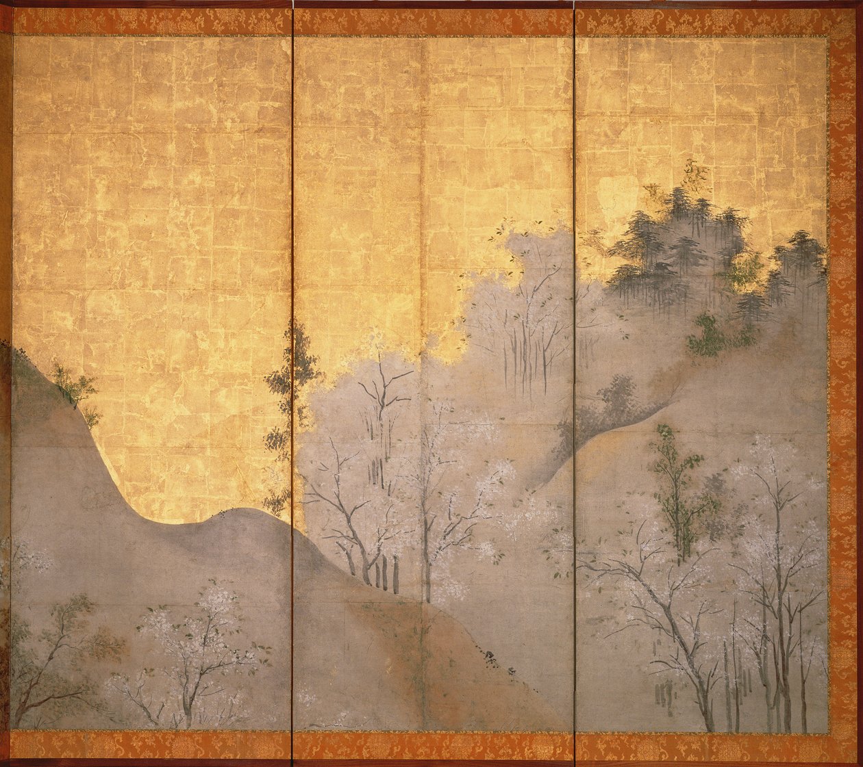 Spring Landscape (penna och bläck, färg, guldpapper på panel) (se 216558) av Linkoku