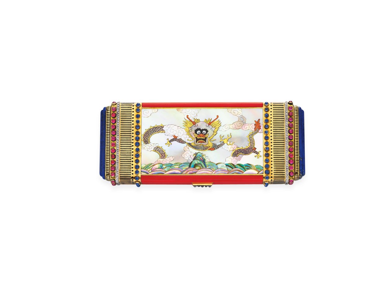Art déco sminkfodral, ca 1925 (emalj, pärlemor, rubiner, safirer, diamanter, lapis lazuli och guld) av Linzeler Marchak Linzeler Marchak
